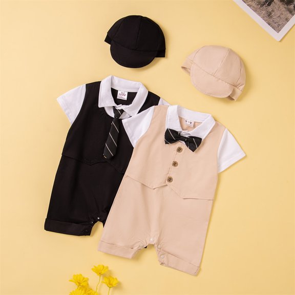 Boys Outfits Baby Boys Gentleman White Bow Tie Romper Jumpsuit with Hat Set Boys' Clothing Sets Black 0-6 Months
