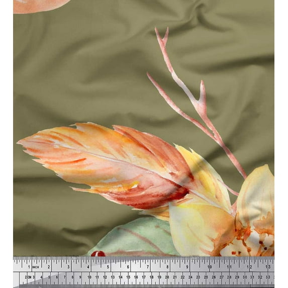 Soimoi Green Rayon Fabric Leaves & Peach Floral Printed Craft Fabric by The Yard 42 Inch Wide