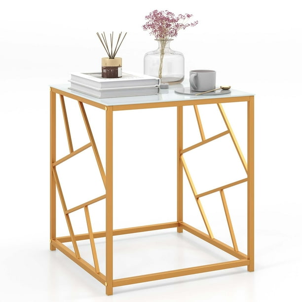 Costway Mesa auxiliar de vidrio templado, mesa de café pequeña de 50 cm con marco de metal dorado, mesa auxiliar cuadrada, mesa compacta para sala de estar, dormitorio, estudio, espacios estrechos