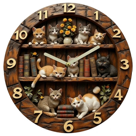 Cat Clock,Wall Clock,Wall Clocks Battery Operated,Retro Wall Clock, 12Inch Silent Non Ticking Round Decorative Clock, for Home Living Room Bedroom Farmhouse Bar(12IN)