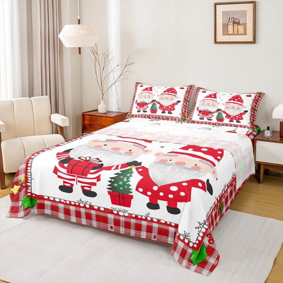 jejeloiu Santa Red Twin 3-Piece Reversible Unisex Breathable Cute Xmas New Year Cartoon Holiday Sheet Set