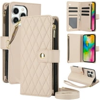 ELEHOLD Premium Leather Wallet Case For iPhone 15 Pro, Zipper Folio with 6 Card Slots Cash Pocket Magnetic Closure Protective Flip Wallet Case Cover with Wrist/Shoulder Strap,Apricot