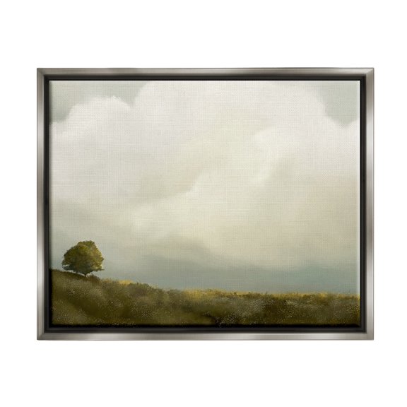Stupell Industries Clouds Over Pasture Landscape Painting Gray Floater Framed Canvas Art Print Wall Art, 21 x 17