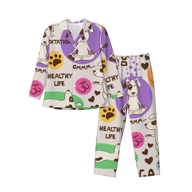 Balery Dog Doing Yoga Pijama para Hombre de Dos Piezas con Manga Larga, Conjunto de Dormir y Descanso Suave con Bolsillos-Large