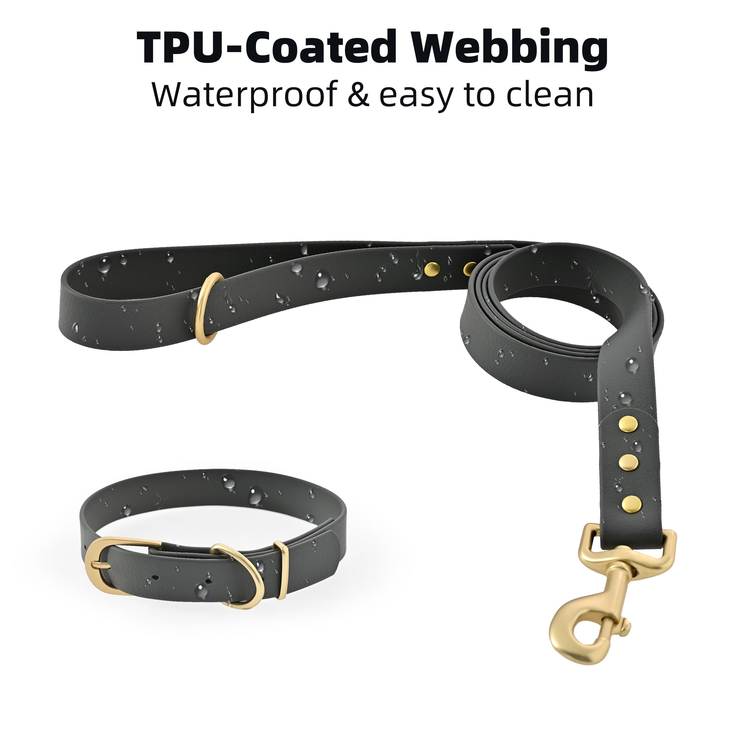 Max & Marlow Waterproof TPU Coated Dog Collar and 5 ft Leash Set, Gray, Small
