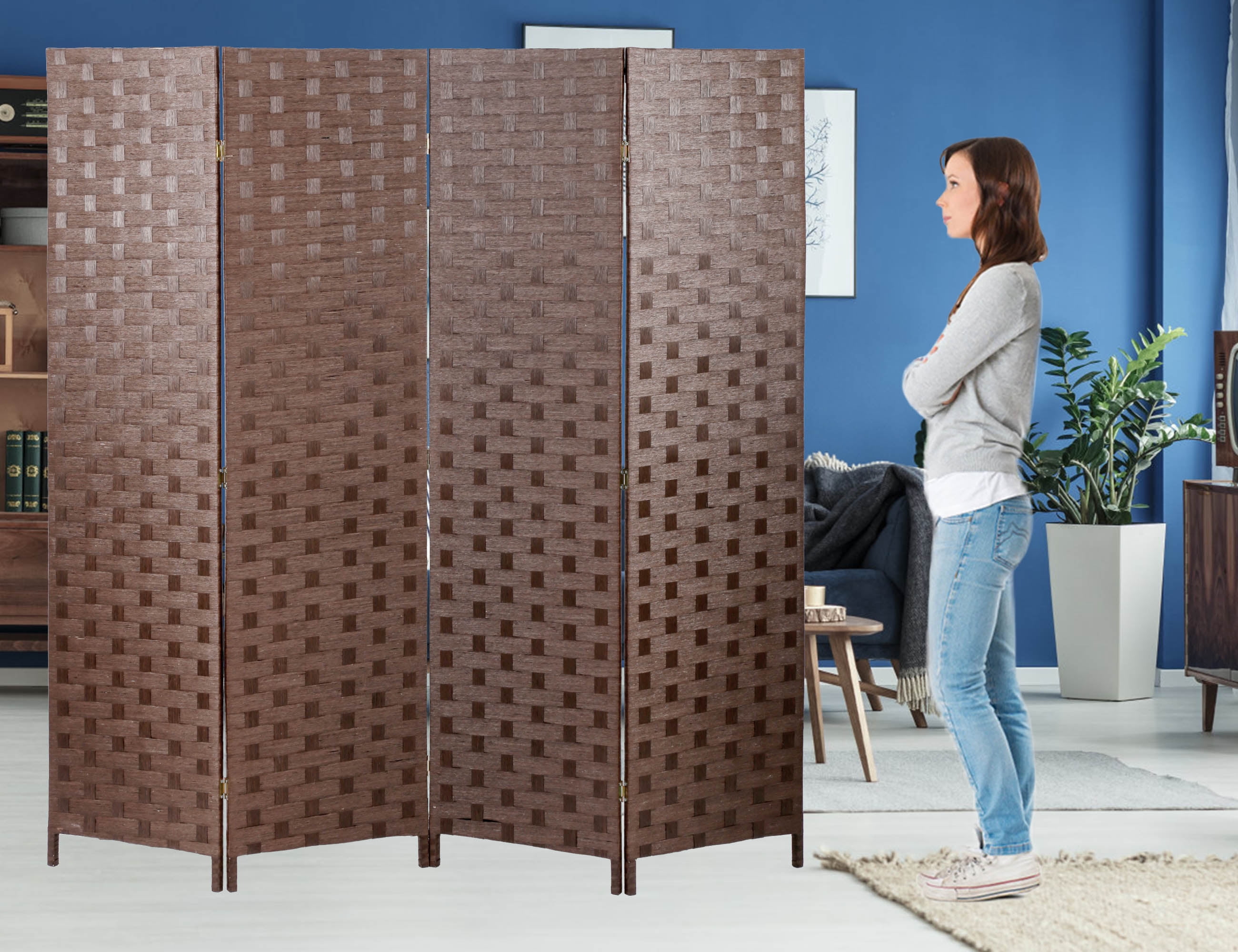 YRLLENSDAN Partition Room Dividers with 4 Panels, Wood Folding Privacy Screen for Room Portable Room Divider Screen Freestanding Decorative Privacy Dressing Screen for Bedroom, Living Room, Office