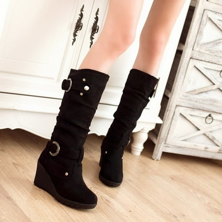 

Women Boots Winter Flat Shoe Round Toe Thicken Wedges Long Tube Boots