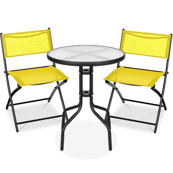 Best Choice Products 3-Piece Patio Bistro Dining Furniture Set w/ Glass Tabletop, Folding Chairs - Yellow