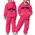 thumbnail image 3 of BUWTTED Girls Activewear Jogger Sets - 2 Piece New York Letter Print Graphic Pullover Hoodie Sweatshirt Sweatpants Sweatsuit Outfits Hot Pink 3-4 Y, 3 of 8