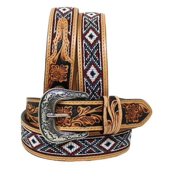 34 Western 1-1/2" Wide Basket Tooled Beaded Full-Grain Tan Leather Belt 26RS44