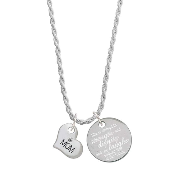 Delight Jewelry Silvertone Small ''Mom'' Heart with Clear Crystal She is Clothed in Stength and Dignity Charm Necklace, 20" 3"