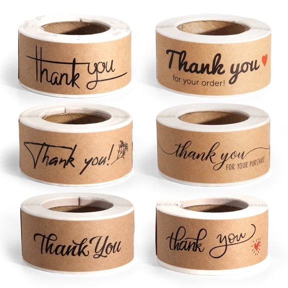 6 Rolls 720 Pcs Kraft Thank You Stickers, 1" x 3" Rectangle Business Packaging Labels, Self Adhesive Sealing Labels for Wedding Party Decor Envelopes Handmade Gift Wrapping