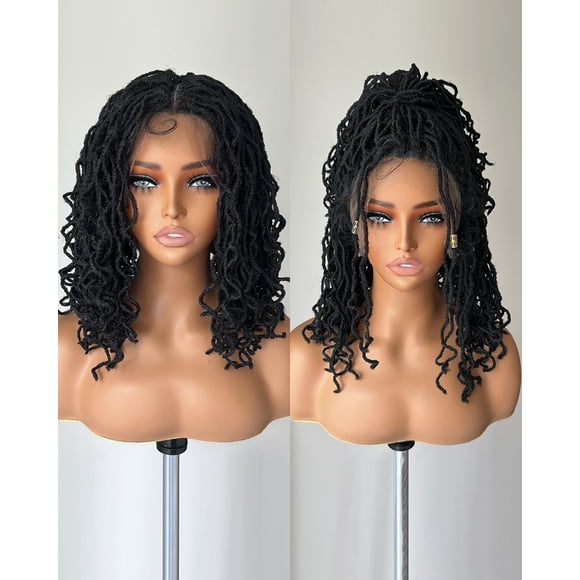 X-TRESS Perruque Tressée Faux Locs Perruques pour Femmes Noires Brodées Dentelle Complète Perruques Tressées avec Cheveux de Bébé 14 Pouces Couleur Noire Dentelle Synthétique avant
