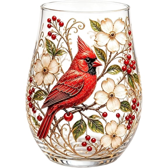 Gold Rim Stemless Wine Glasses Decorative Glass Tumbler Red Hummingbird | Garden Bird Flower Print Drinking Cup Nature Art Decorative Tumbler Gift for Women Mom Wife Birthday Mother's Day Holiday