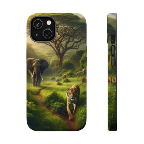 DistinctInk Tough Case for Apple iPhone 13 (6.1" Screen), Compatible with MagSafe Charging - "A Majestic Meeting: Tigers and Elephants Roam Together"