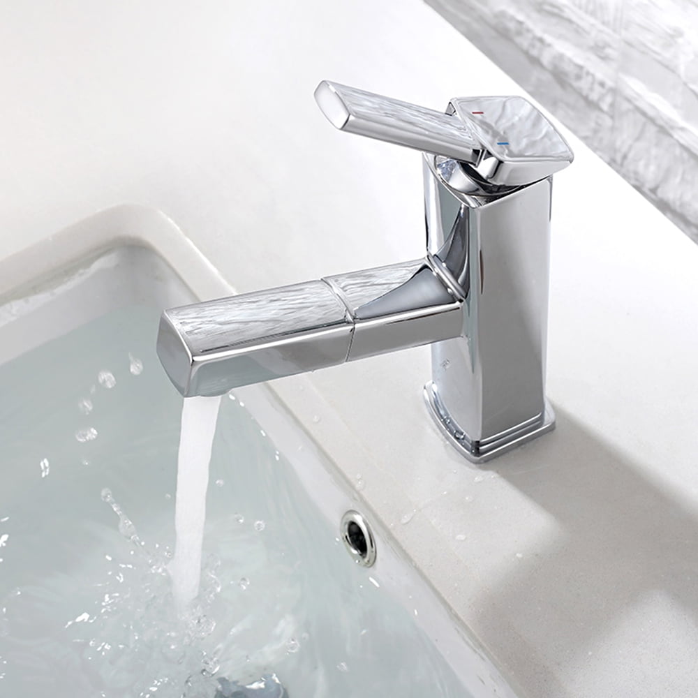 KAIYING Single Handle Bathroom Sink Faucet with Pull Out Sprayer, Rotating Spout, Pull Down Basin Mixer Tap for Hot and Cold Water (Regular, Chrome)