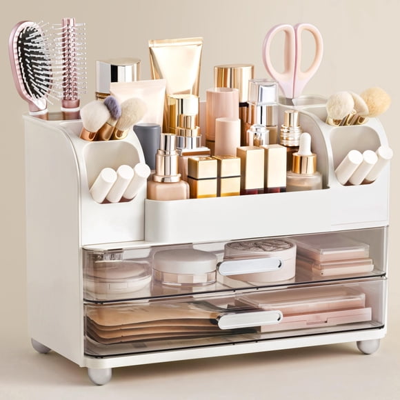 HBlife Makeup Organizer for Vanity with Brush Holder, Large Bathroom Countertop Cosmetic Organizer Skin Care Storage, Easy to Store Lipsticks, Nail P