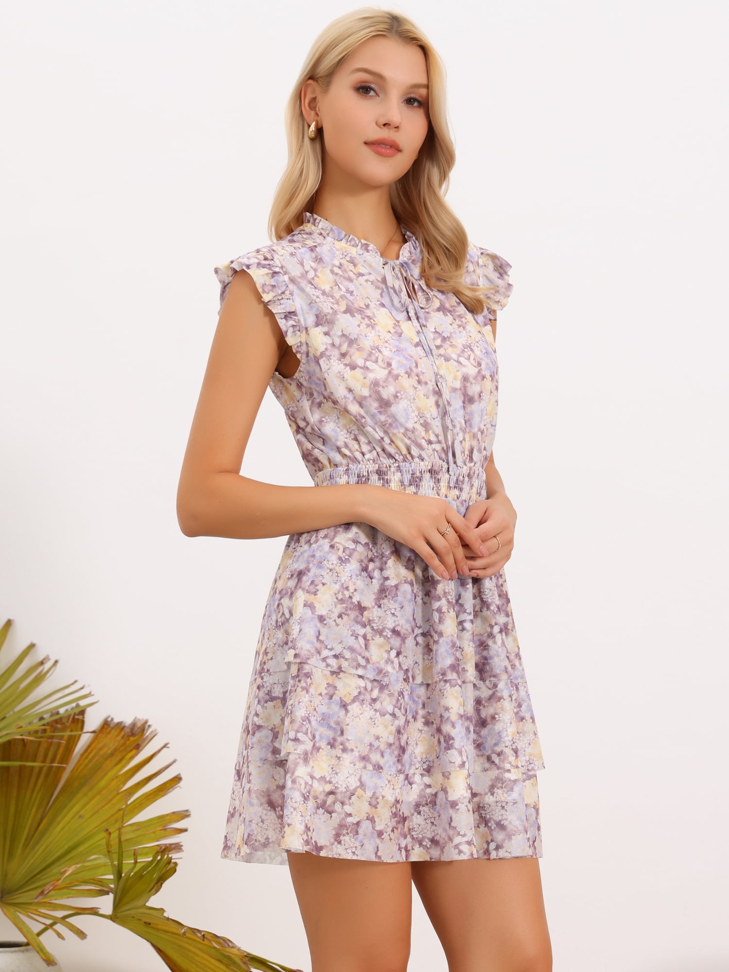 DARING DIVA Women's Floral Ruffled Sleeve Dresses V Neck Sundress XS Light Purple