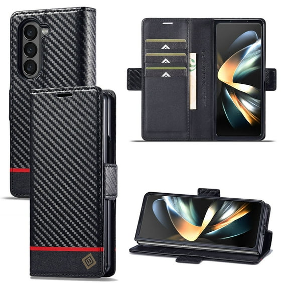 Decase for Samsung Galaxy Z Fold 5 Wear-Resistant Wallet Phone Case with Carbon Fiber Pattern Card Slots Kickstand Function Magnetic Closure Shockproof Protective Folio Leather Case Horizontal Line