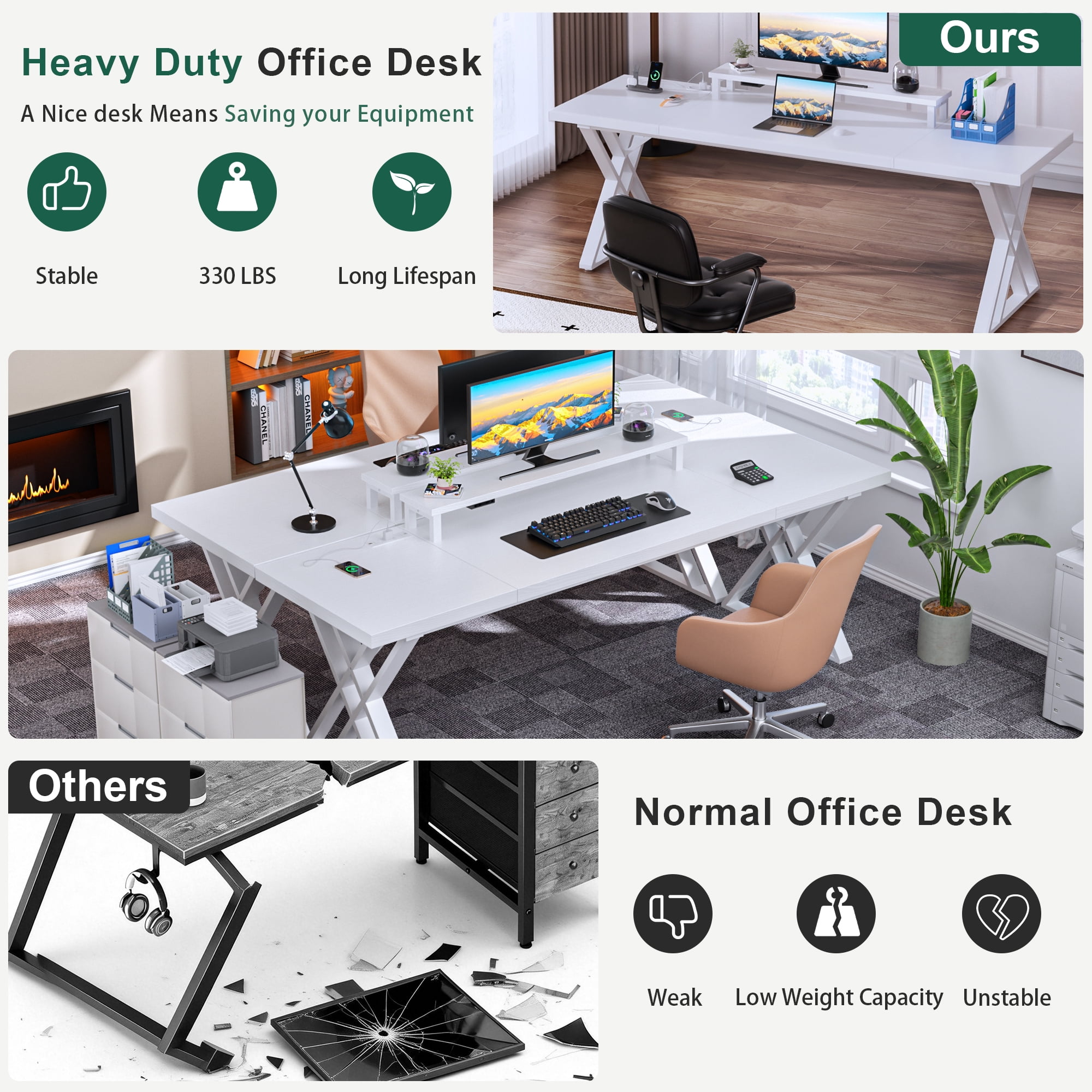 Executive Office Desk, Holaki 70.8" Large Farmhouse Wooden Office Desk with Desktop Stand and Charging Station, Study Writing Table Computer Desk Workstation for Home, White