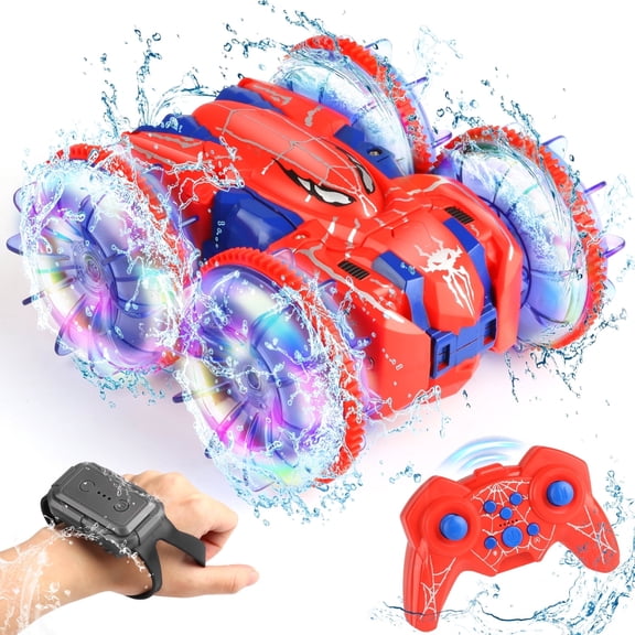 Huge Wave Amphibious RC Stunt Car for Boys, 2.4GHz 4WD Double-Sided Drift Remote Control Car,Gesture & Controller Dual Control, LED Light Spider Design Vehicle Toy, Christmas Toys Gift Aged 6-12 for