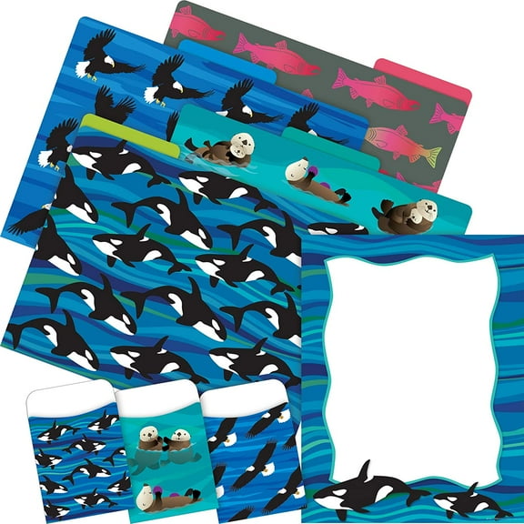 Barker Creek On-Trend Organizer Set, Sea & Sky Whales, Coordinated Set includes 12 Designer File Folders, 50 Sheets of Decorative Computer Paper, and 30 Peel & Stick Library Pockets (4101)