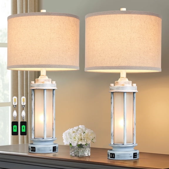 JUJUYUYOP 25" Farmhouse-Style Table Lamp Set with 2 Pieces USB Charging Ports, Vintage White Bedside Lamp with Night Light Suitable for Living Rooms and Bedrooms Includes 2 Bulbs