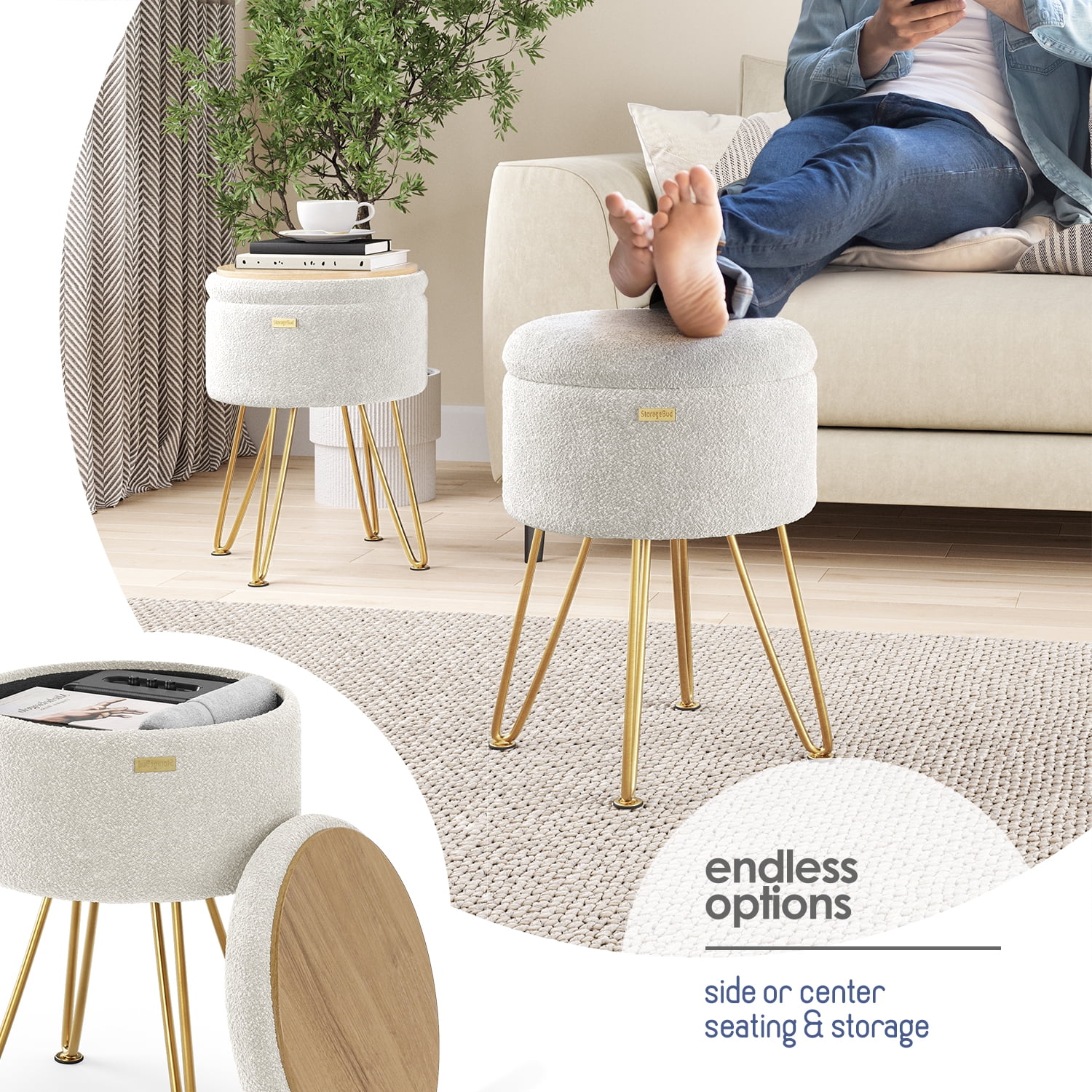 Hearth & Harbor Round Ottoman with Storage, Luxurious Foot Stool and Chic Vanity Stool with Storage, Elegant Boucle White