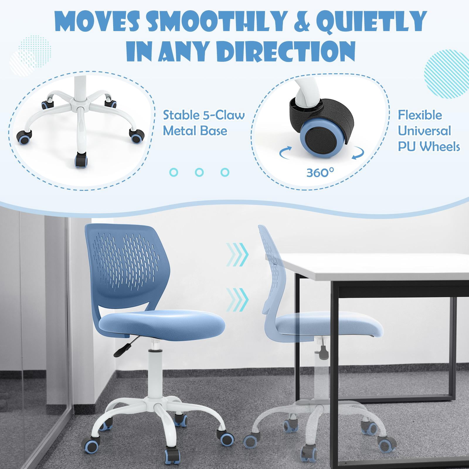Giantex Kids Desk Chair, Adjustable Swivel Chair for Children, Armless Mesh Task Student Study Chair w/Lumbar Support & Adjustable Height, Rolling Computer Chair, Blue