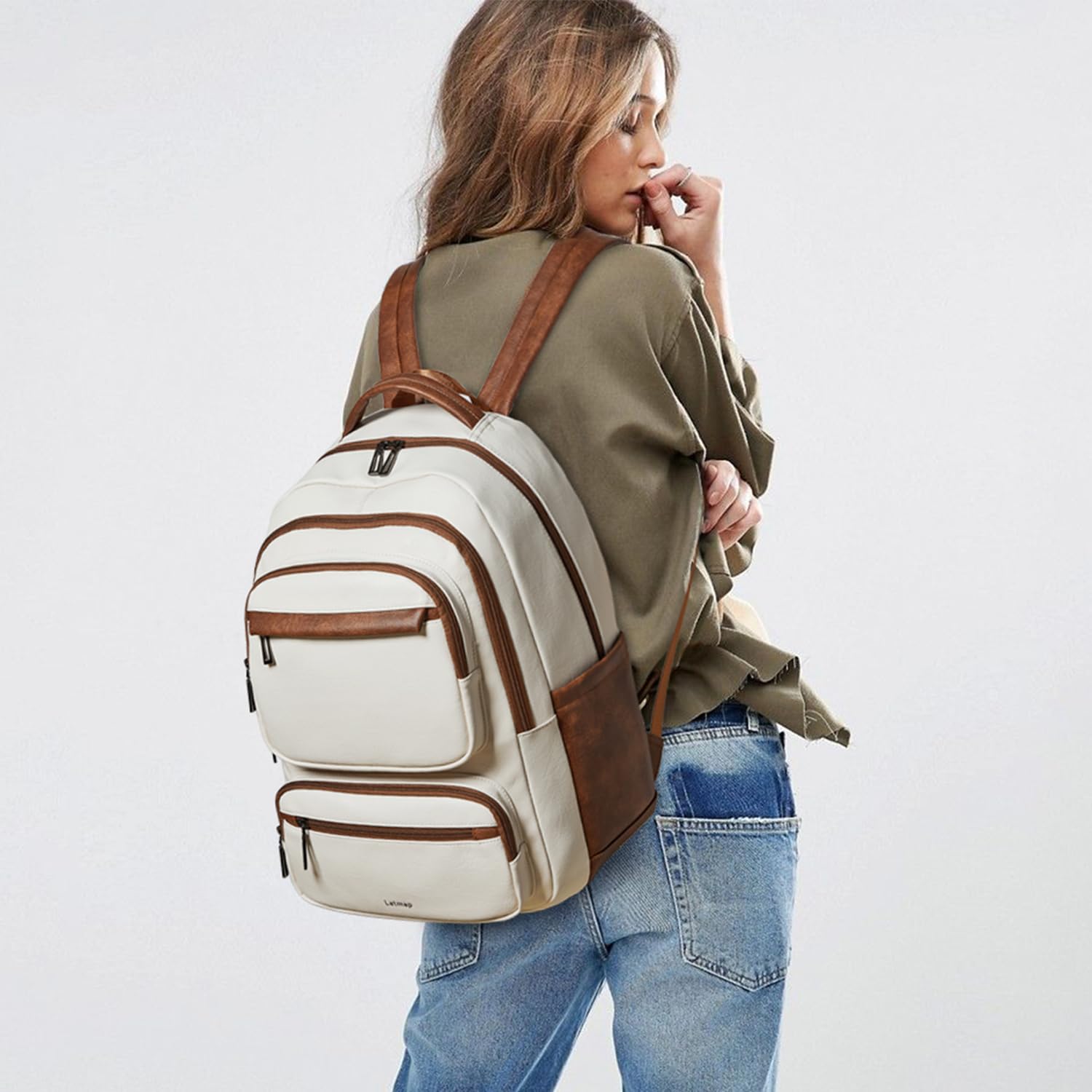 43L Backpack Purse for Women Travel Backpack Leather Large Women 17 16 15.6 Inch Laptop Bag Handbags For Travel Work College Large Beige