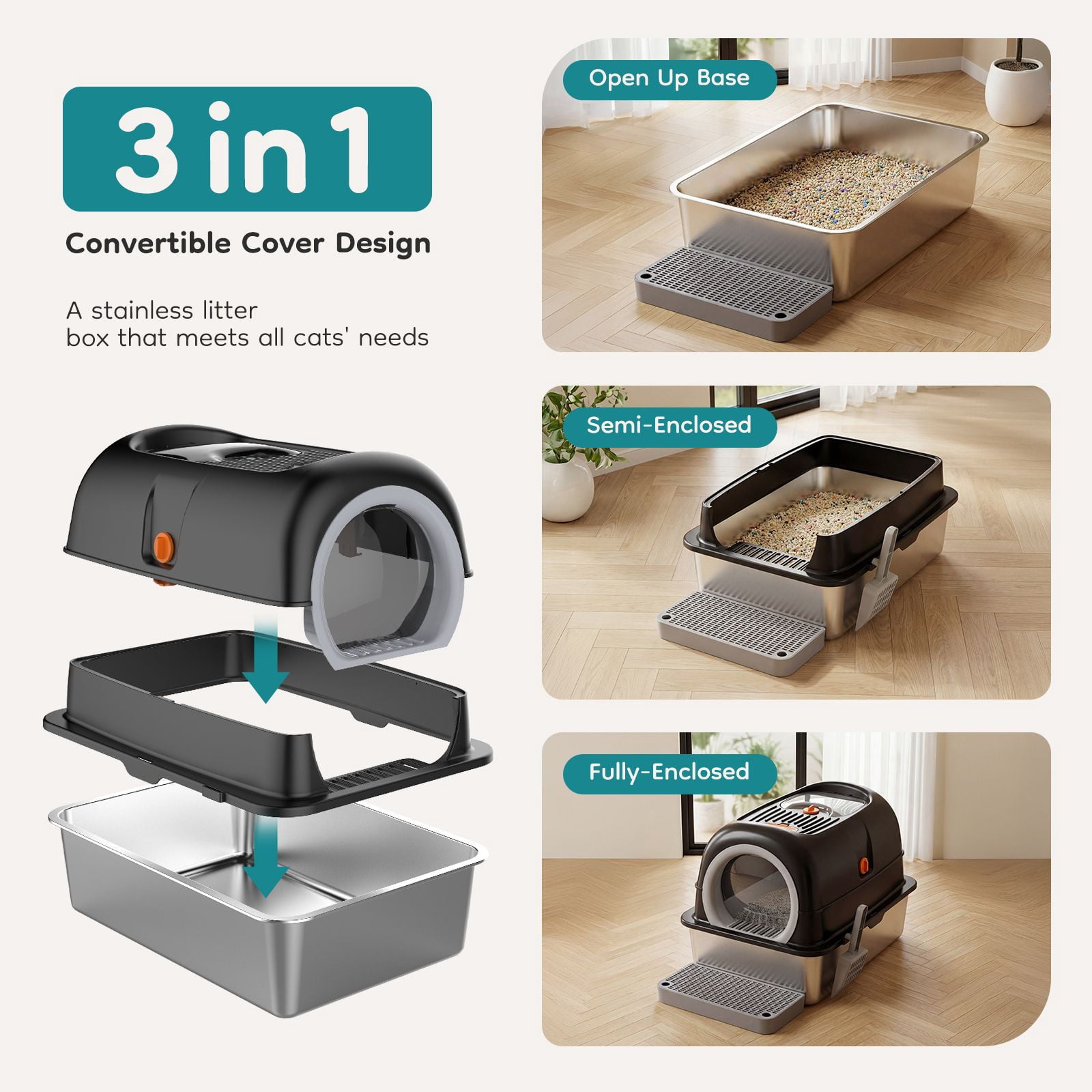 Double-Entry Convertible Lid Cat Litter Box