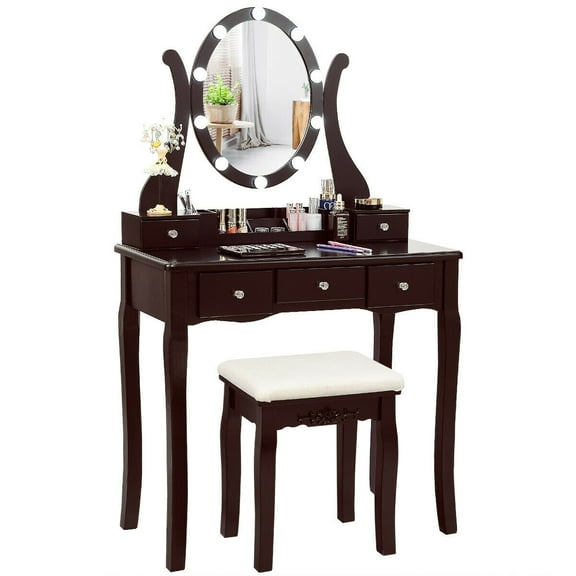Gymax Vanity Table Set Makeup Dressing Table with10 Light Bulbs and Touch Switch, Brown