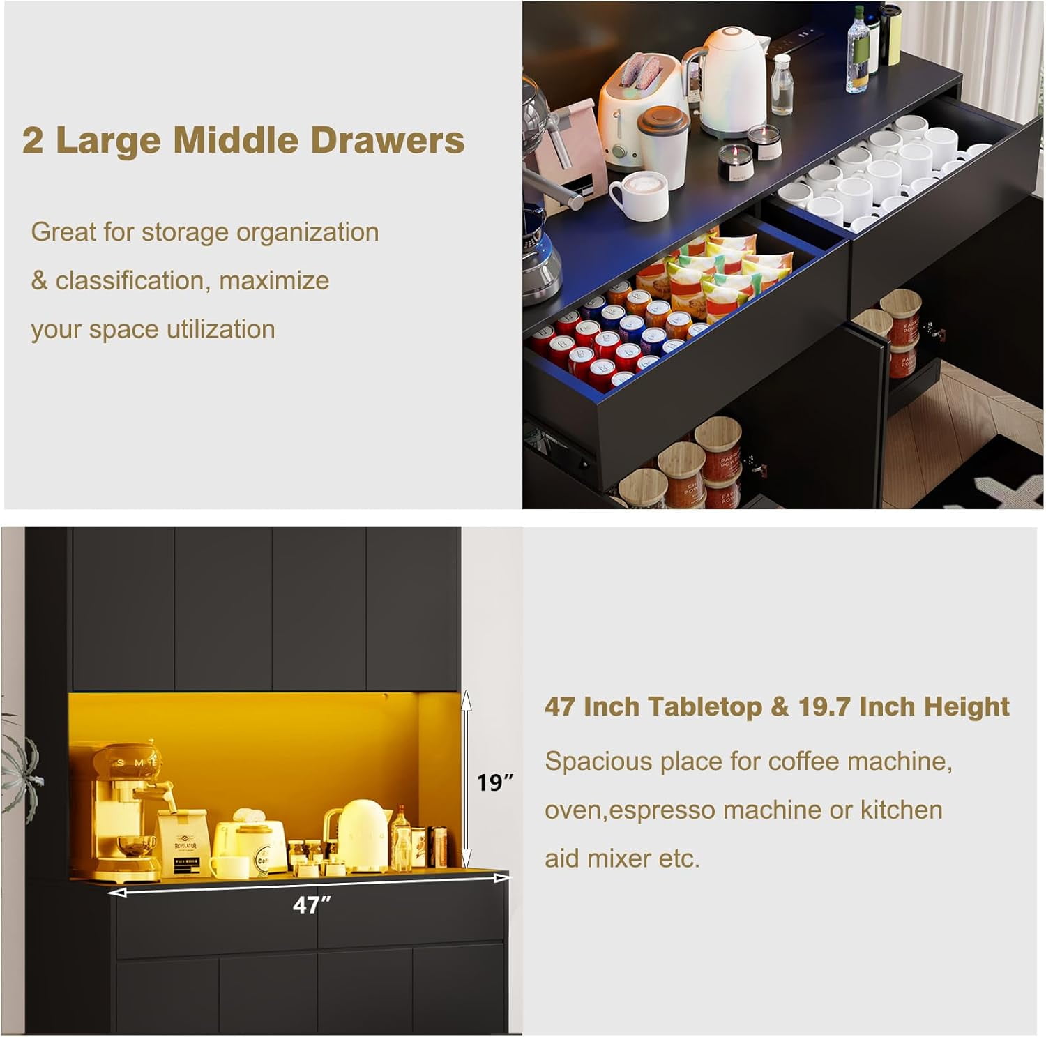 71'' Tall Coffee Bar Cabinet with LED Light & Power Charging Station, 47"W Modern Kitchen Pantry Hutch w/ 8-Door Storage Cabinet & 2 Drawers 4 Adjustable Shelves