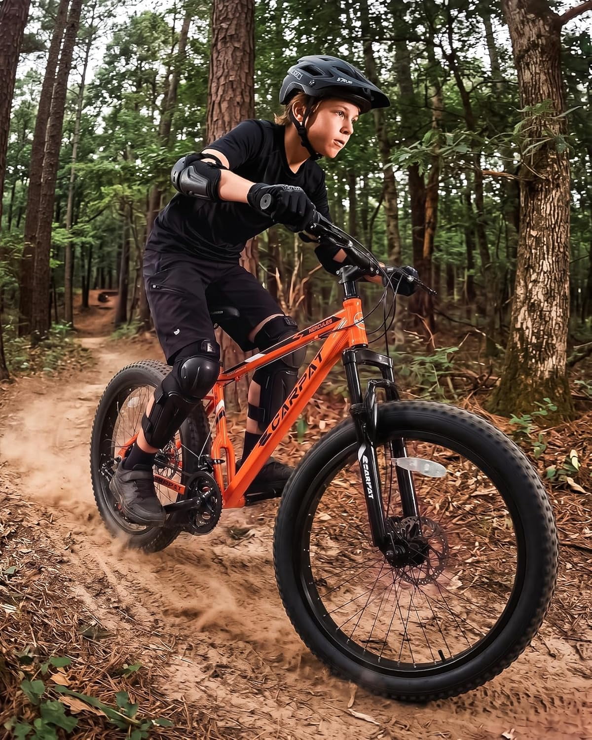 24 inch Fat Tire Mountain Bike, Outdoor Cycling Bike with 7-Speed for Boys Girls, High Carbon Steel Frame, Dual Disc Brake, Wide Tires, Suspension Fork, Anti-Slip Bikes, Orange