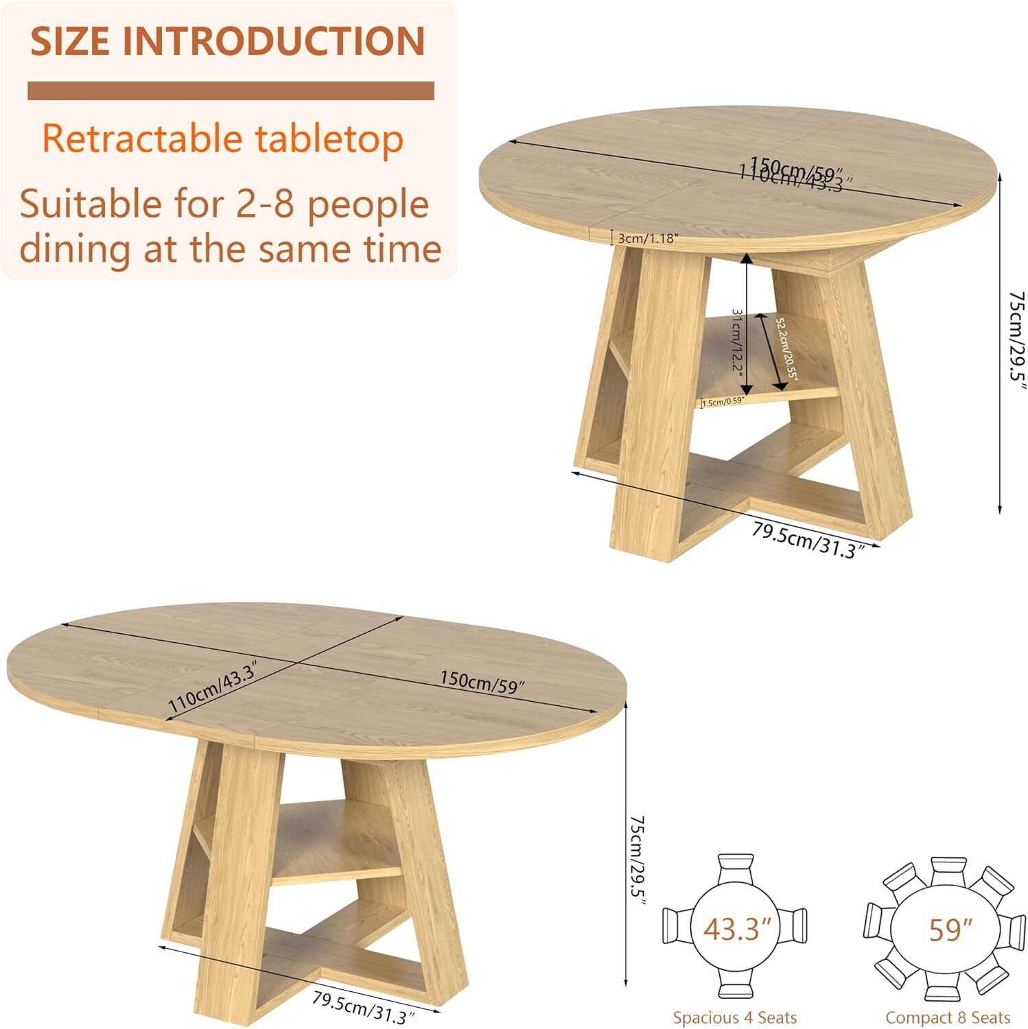 Round Dining Table Modern Extendable Dining Table with Removable Leaves for Kitchen