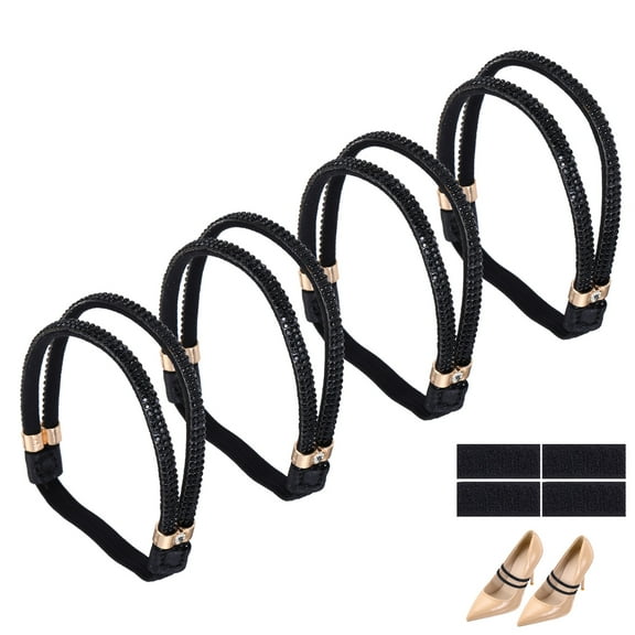 Uxcell 4 Pairs High Heels Shoe Straps, Rhinestone Elastic Shoe Straps Heels Detachable Ankle Straps Replacement Shoelace Crystal for Women Loose Slippers Sandals, Black
