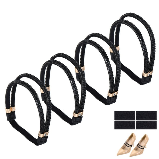 Uxcell 4 Pairs High Heels Shoe Straps, Rhinestone Elastic Shoe Straps Heels Detachable Ankle Straps Replacement Shoelace Crystal for Women Loose Slippers Sandals, Black