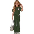 thumbnail image 2 of Big Girls Summer Outfit 5-15 Years, Print Short Sleeve T-Shirt and Bell Bottom Pants 2 Piece Set Casual Clothes for Kids School Army Green, 2 of 6