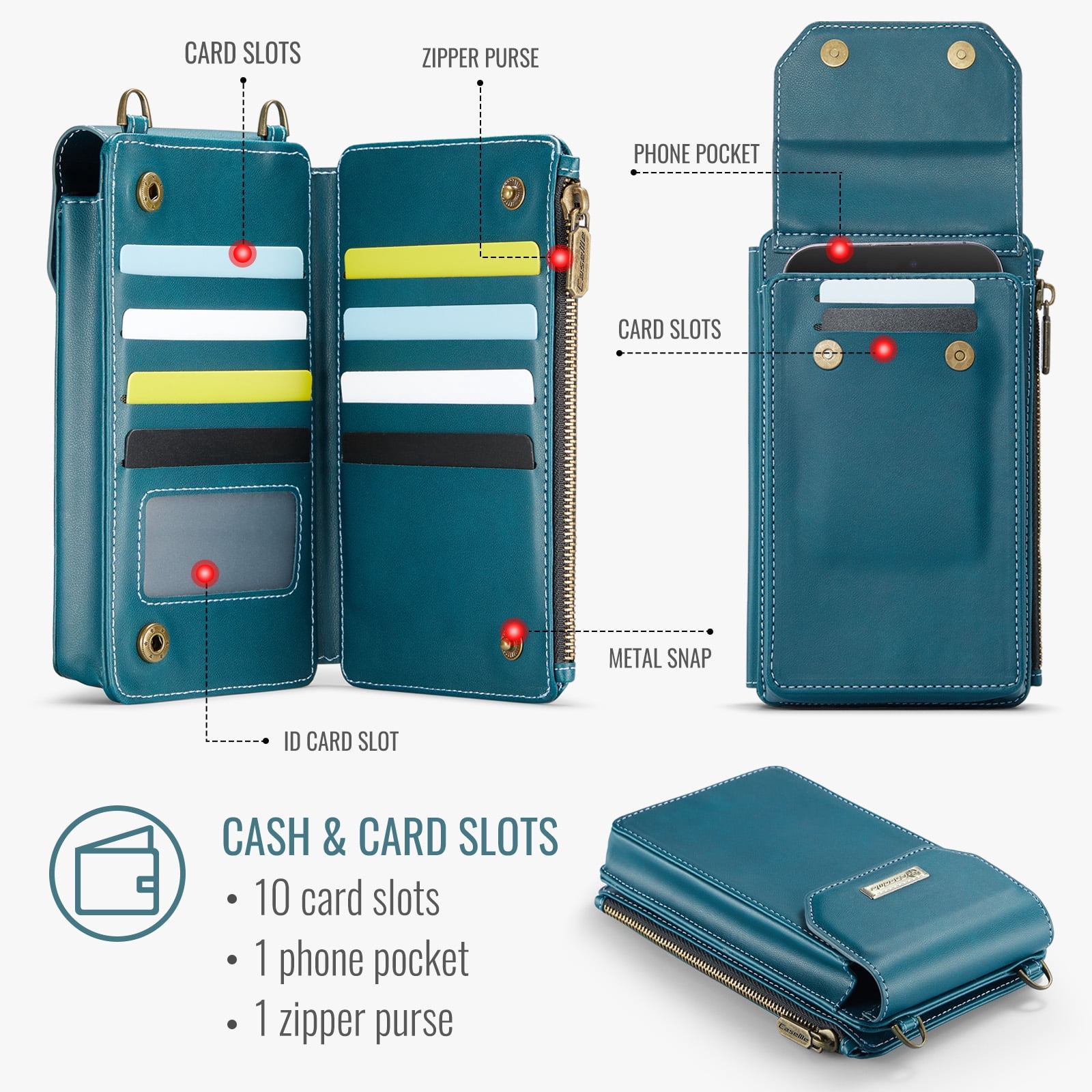 Crossbody Cell Phone Purse Bag for Women Men,Small Leather Wallet with 10 Card Slots,Zipper Pocket & Adjustable Strap Shoulder Bag Clutch with Magnetic Closure Fits Most Smartphones Under 7.3", Green