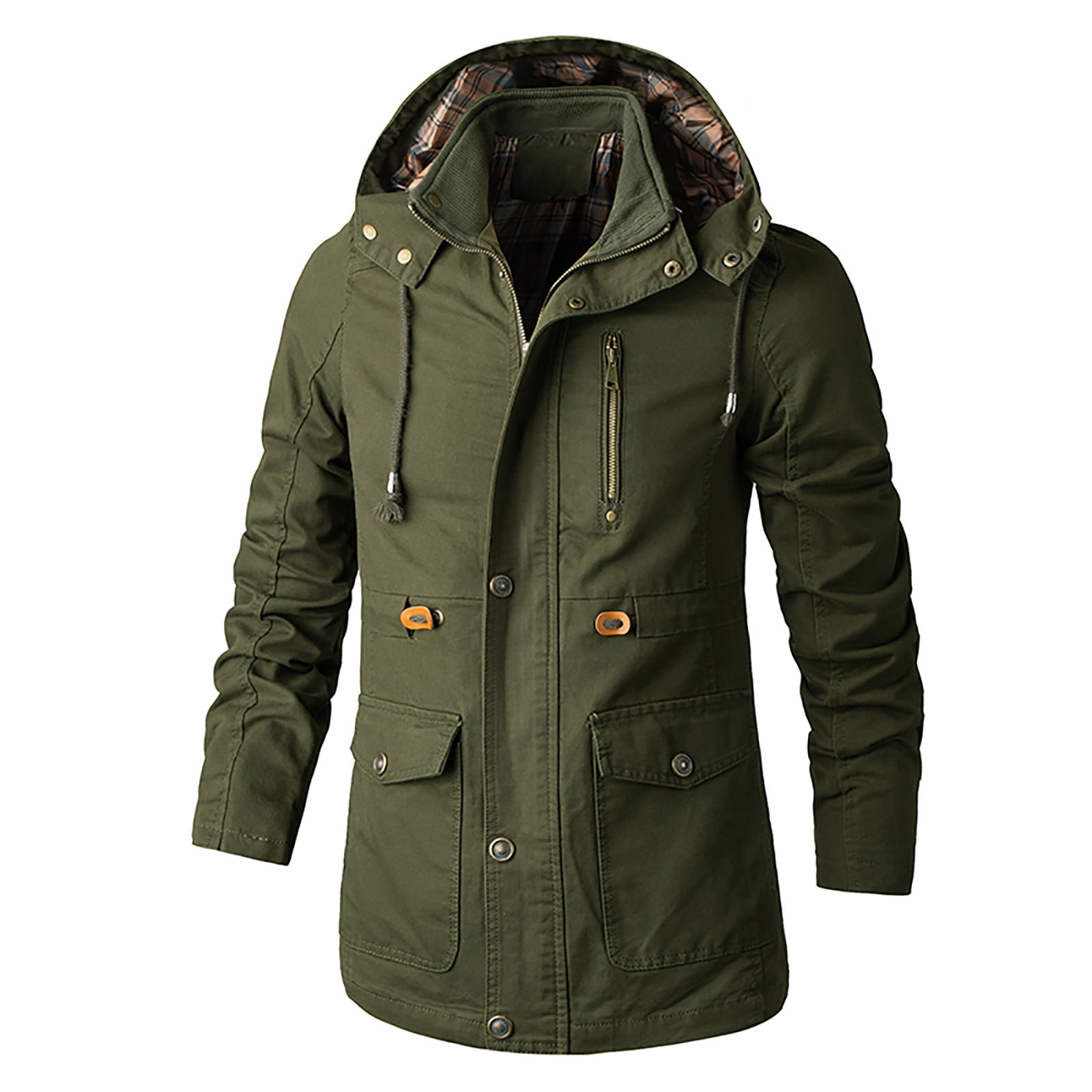 Landscap Mens Autumn Winter Warm Military Jacket Mid-Length Thickened Multi-Pocket Hooded Outwear Coat