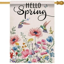 Hello Spring Poppy Flower 28 x 40 House Flag Double Sided, Watercolor Floral Hummingbird Burlap Garden Yard Decoration, Seasonal Outdoor Décor Decorative Large Flag