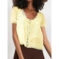 thumbnail image 5 of Women Tie Front Lace Trim Top Sheer Short Sleeve Scoop Neck Button Shirt Y2k Ruffle Flowy Boho Crop Tops Yellow M, 5 of 8