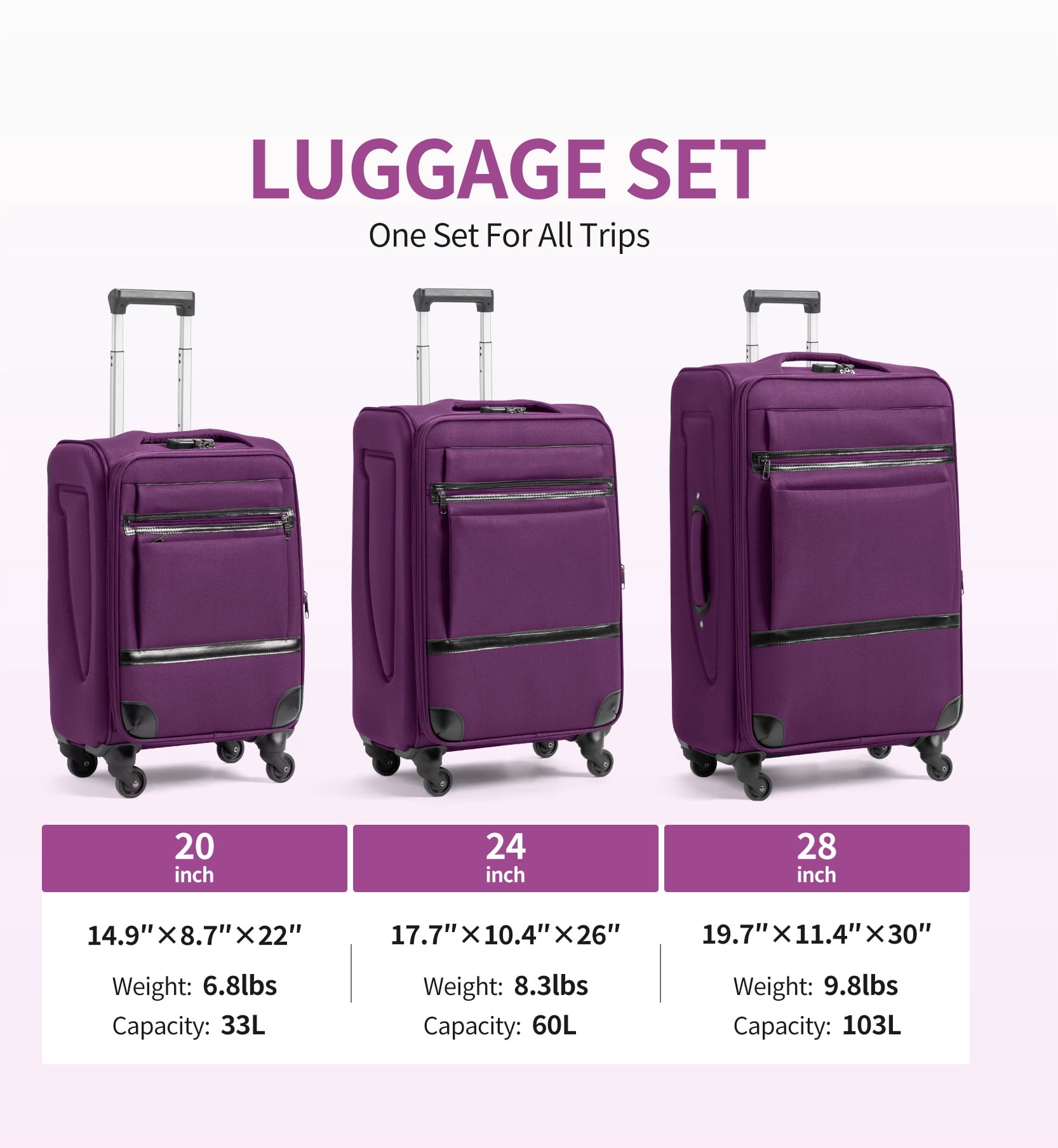 Ktaxon 3-Piece Softside Luggage Set With 8 Set Pcaking Cube TSA Lock, 360° Spinner Wheels Purple