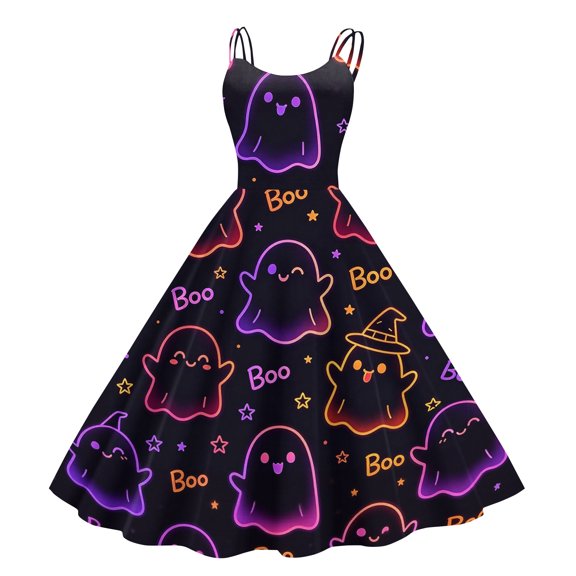 Fgvctg Halloween Womens Wedding Guest Dress Formal Casual Sleeveless Cocktail Dresses Oversized Dinner 1950s Tea Dress Pumpkin Ghost Witch Print Outfits Halloween Crewneck Clothing Purple 2XL