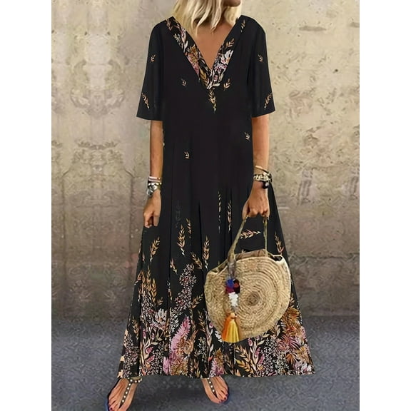 Plus Size Womens Floral Print Short Sleeve V Neck Loose Fit Maxi Dress for Casual Occasions - Soft Fabric, Relaxed Fit, Perfect for Summer - Elegant and Comfortable