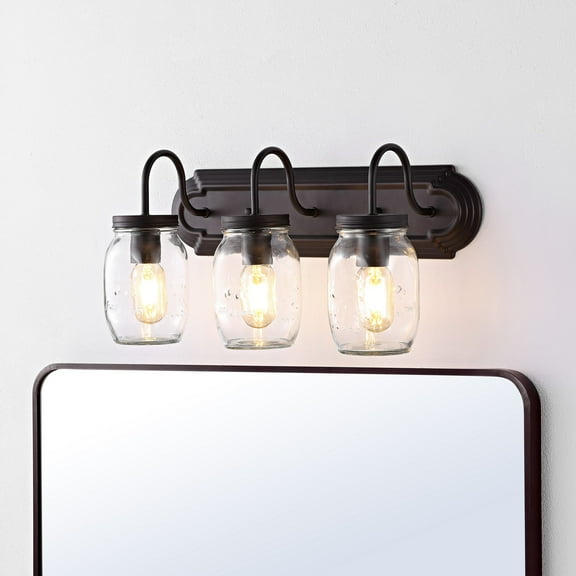 JONATHAN Y Gaines 19.3" 3-Light Farmhouse Industrial Iron Mason Jar LED Vanity, Oil Rubbed Bronze/Clear