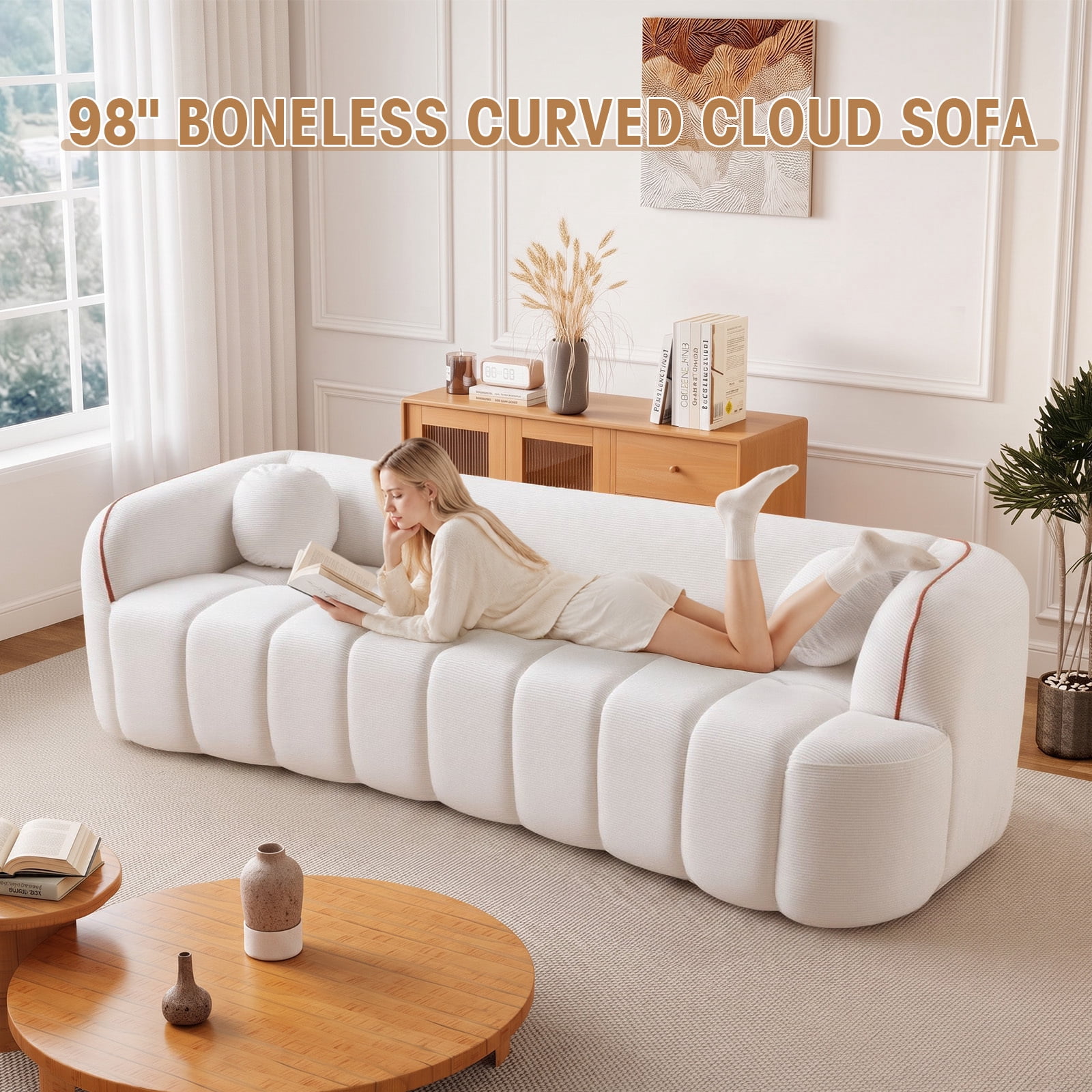 Lunale 98" Curved Bonelessd Sofa, 3-Seater Floor Cloud Couch, No Assembly Required, Modern Corduroy Bubble Sofa for Living Room, Beige