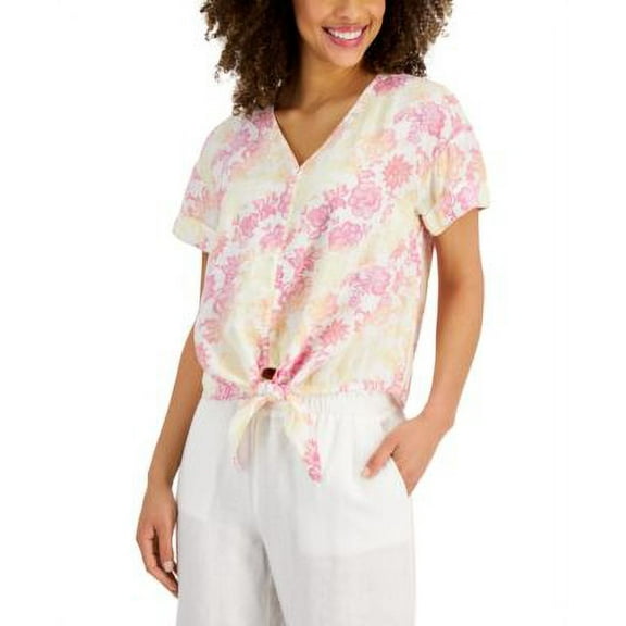 Charter Club Printed Woven Tie Front Top Bright White Combo XL