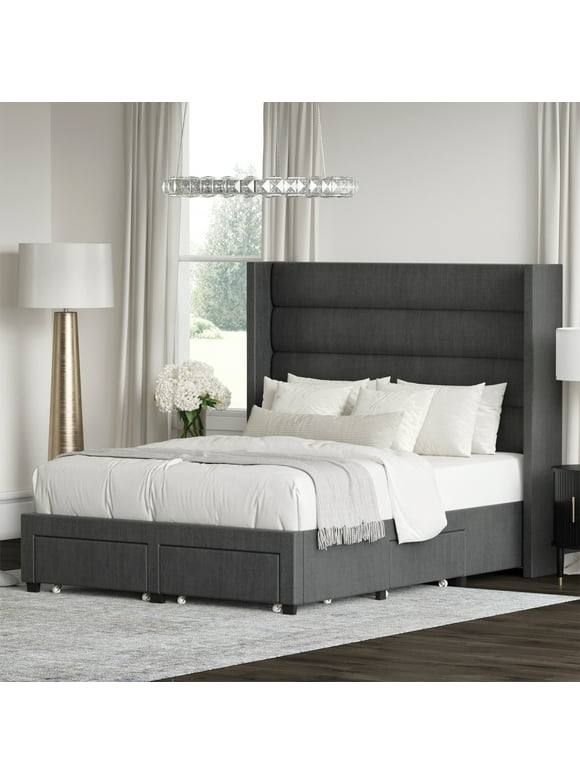 DG Casa George Modern Queen Size Bed Frame - Wooden Platform Bed Frame With Tall Tufted Horizontal Channel Wingback Headboard - Box Spring Needed - Upholstered Panel Bed Frame With Storage - Charcoal