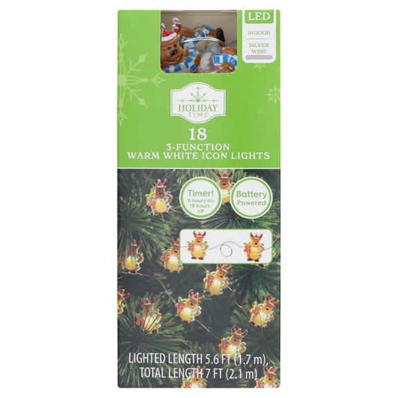 Indoor 18-Count Battery-Operated LED 3-Function Reindeer Icon Christmas String Lights, Warm White, Silver Wire, 5.6', by Holiday Time